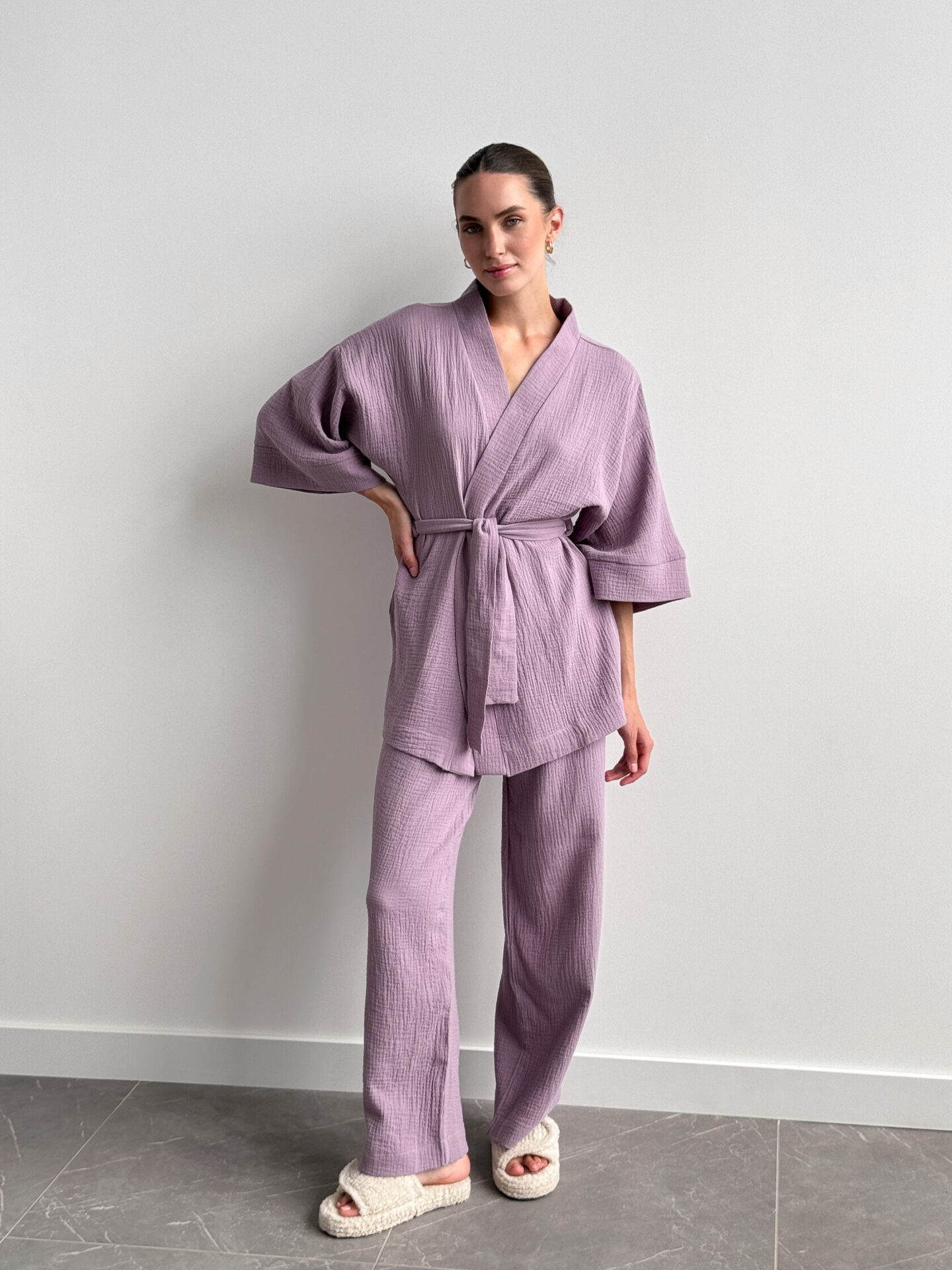 Zestaw muślinowy 2-warstwowy kimono + spodnie fioletowy