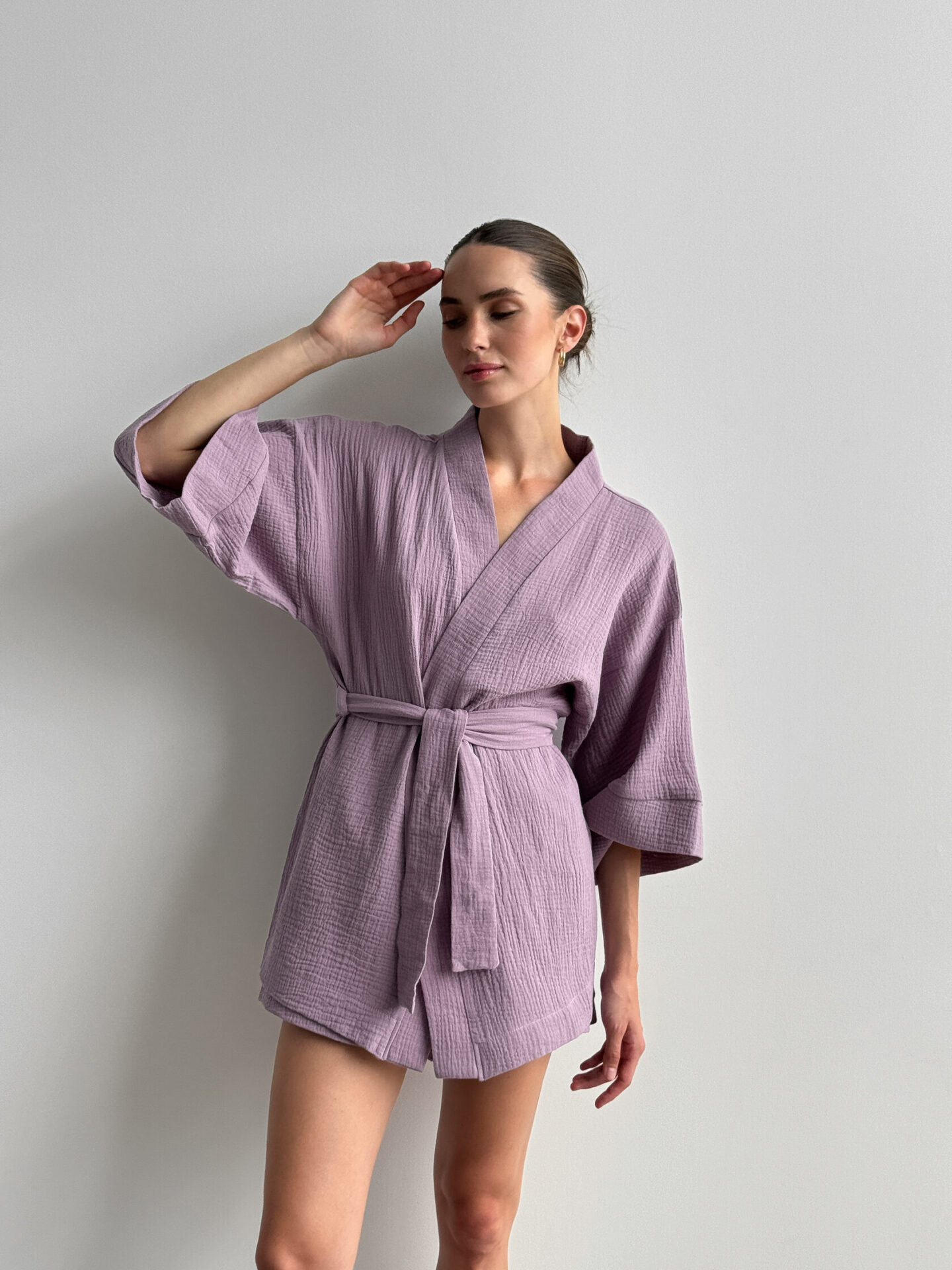 Zestaw muślinowy 2-warstwowy kimono + szorty fioletowe